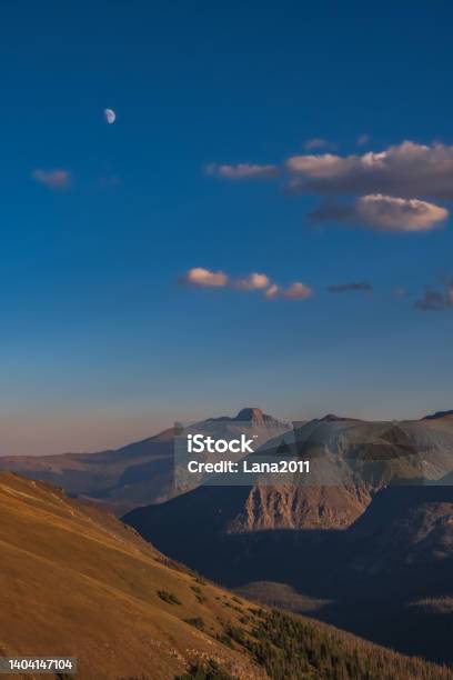 Vertical View Of Bare Mountain Peaks About Tree Line As Seen From Trail Ridge Road In Rocky Mountain National Park Colorado At Sunset Stock Photo - Download Image Now