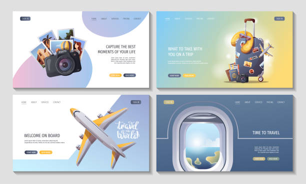 ilustrações de stock, clip art, desenhos animados e ícones de set of web pages for travel, tourism, adventure, journey, airport. - packing bag travel