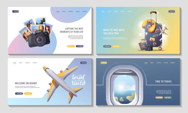 Set of web pages for Travel, tourism, adventure, journey, airport. Set of web pages for Travel, tourism, adventure, journey, airport. Vector illustration for banner, poster, website, advertising. progress window stock illustrations