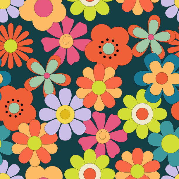 nahtloses muster mit groovigen retro-blumen auf dunklem hintergrund. hippie-endloser hintergrund im stil der 1970er jahre. vektorblumen gänseblümchen - pattern seamless doodle retro revival stock-grafiken, -clipart, -cartoons und -symbole