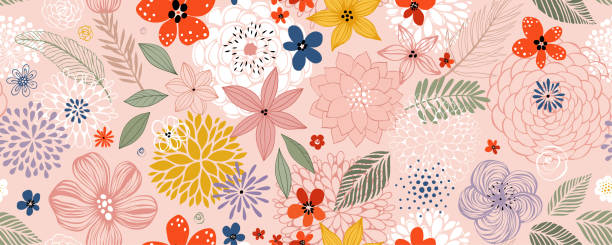 수평 꽃 이음새가 없는 패턴 - 가든파티 일러스트 stock illustrations