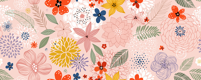 Horizontal floral seamless pattern with many decorative flowers, leaves and twigs. For fashion fabrics, children’s clothing, T-shirts, postcards, templates and scrapbooking. Also good for email header, post in social networks, advertising, events and page cover, banner, background, poster and other graphic design.