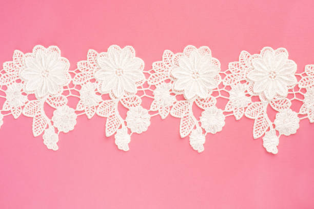 White lace with flowers and leaves on pink background horizontally with copy space