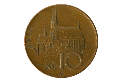 A metal coin with a denomination of 10 Czech crowns. Isolated on white background.