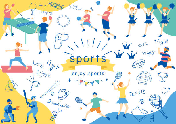 다양한 스포츠 아이템과 플랫 스타일 사람들의 아이콘 세트 - racket sport 이미지 stock illustrations