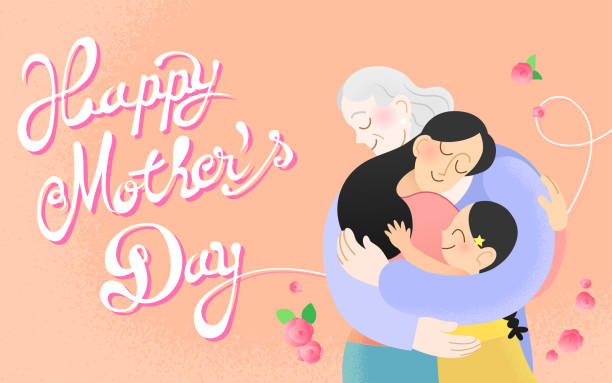 Two generations of mothers and daughters embracing Two generations of mothers and daughters embracing. Happy Mother's day celebration flat vector banner or background. Senior woman, adult woman and child girl embracing. senior birthday card stock illustrations