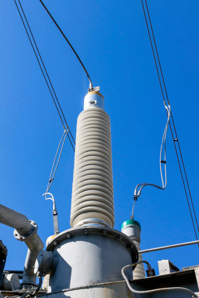 Ceramic insulator for industrial transformer. Close-up. selective focus