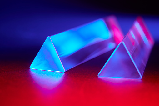 Geometric Futuristic Sci-fi Neon Primitive Pyramid Light On Dark Grunge Concrete Surface 3D Rendering Illustration