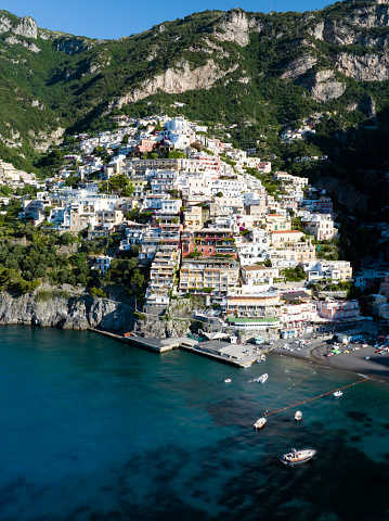 View from above, stunning aerial view of the village of Positano. Positano is the most famous and iconic village on the Amalfi Coast in the Campania region of south-western Italy.