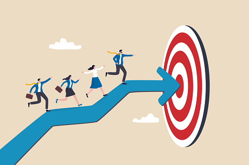 Team target or achievement, teamwork or leadership to lead to achieve goal, business direction or success, career path or growth concept, business people coworkers walking up arrow to reach target.