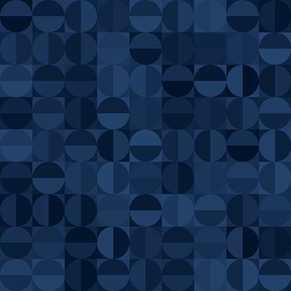 Seamless dark blue Bauhaus abstract vector circles background illustration for use as background template for business documents, cards, flyers, banners, advertising, brochures, posters, digital presentations, slideshows, PowerPoint, websites
