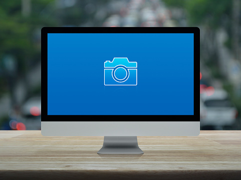 White Photo Camera Icon in Blue Circle Button on a white background. 3d Rendering