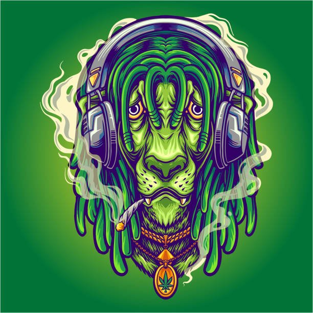ilustraciones, imágenes clip art, dibujos animados e iconos de stock de león funky escuchando música con fumar marihuana marihuana - undomesticated cat audio