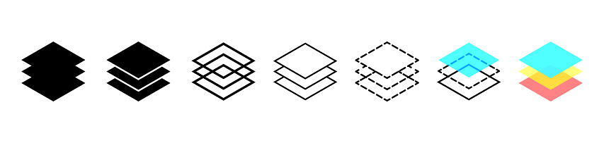Layer icon. Logo of stack. Layer icons for paper, carpet, floor and level. 3 layers. Pictogram symbols for architecture. Design technology. Depth of tiers. Vector.