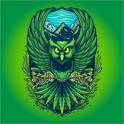 Owl flying with weed leaves mountain forest logo illustration