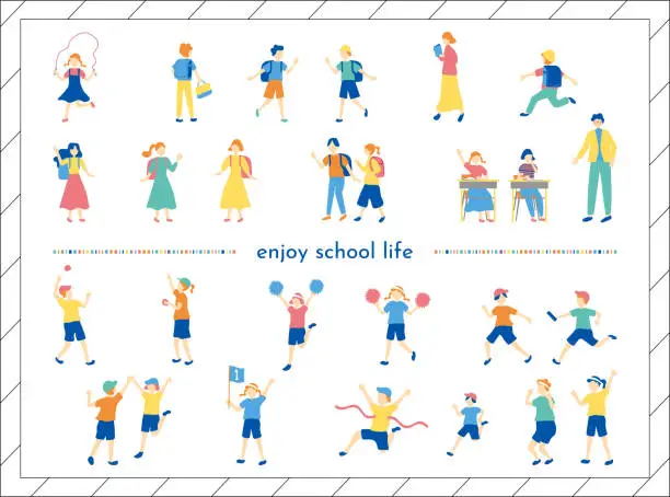 Vector illustration of set illustration of students enjoying school life