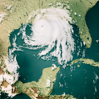3D Render of a Topographic Map of the Gulf of Mexico with the clouds from August 29, 2021. \nCategory 4 Major Hurricane Ida near the US State of Louisiana.\nAll source data is in the public domain.\nCloud texture: VIIRS, SNPP courtesy of NASA.\nhttps://neo.gsfc.nasa.gov/view.php?datasetId=VIIRS_543D\nColor texture: Made with Natural Earth.\nhttp://www.naturalearthdata.com/downloads/10m-raster-data/10m-cross-blend-hypso/\nRelief texture: SRTM data courtesy of NASA JPL (2020). \nhttps://e4ftl01.cr.usgs.gov//DP133/SRTM/SRTMGL3.003/2000.02.11\nWater texture: SRTM Water Body SWDB: https://dds.cr.usgs.gov/srtm/version2_1/SWBD/