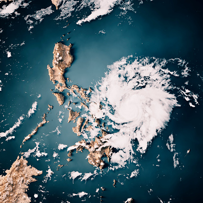 3D Render of a Topographic Map of the Philippines with the clouds from May 13, 2020. \nCategory 3 Typhoon Vongfong (Typhoon Ambo) is approaching the Philippines.\nAll source data is in the public domain.\nCloud texture: VIIRS courtesy of NASA.\nhttps://neo.gsfc.nasa.gov/view.php?datasetId=VIIRS_543D\nColor texture: Made with Natural Earth.\nhttp://www.naturalearthdata.com/downloads/10m-raster-data/10m-cross-blend-hypso/\nWater texture: SRTM Water Body SWDB: https://dds.cr.usgs.gov/srtm/version2_1/SWBD/\nRelief texture: SRTM data courtesy of NASA JPL (2020). URL of source image:\nhttps://e4ftl01.cr.usgs.gov//DP133/SRTM/SRTMGL3.003/2000.02.11
