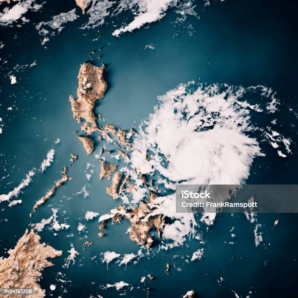 Philippines Topographic Map Typhoon Vongfong 2020 Clouds 3d Render Neutral Stock Photo - Download Image Now