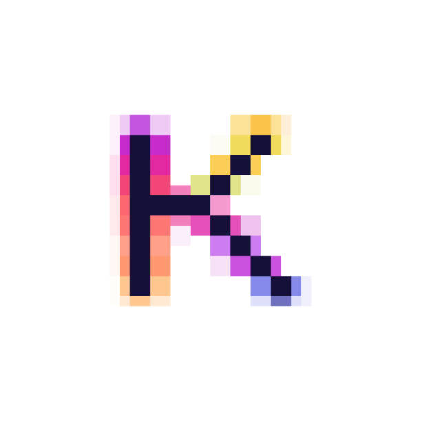 글리치 왜곡 픽셀 효과가있는 홀로그램 문자 k 로고. 색상 이동 디자인. - letter k audio stock illustrations