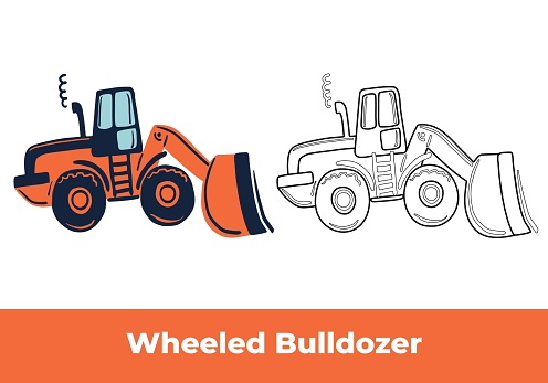 Coloring page and colorful clipart. Hand drawn orange wheeled bulldozer and black contour sketch. Cute kids vector illustration.