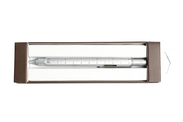 kugelschreiber mit eingebauten werkzeugen in einer geschenkbox - ruler ballpoint pen pen isolated stock-fotos und bilder