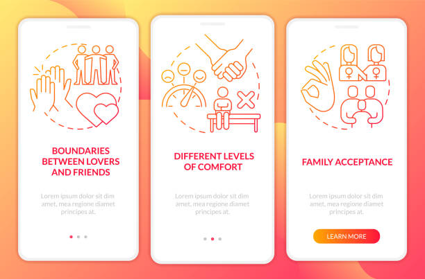 Issues within LGBT couples red gradient onboarding mobile app screen Issues within LGBT couples red gradient onboarding mobile app screen. Walkthrough 3 steps graphic instructions with linear concepts. UI, UX, GUI template. Myriad Pro-Bold, Regular fonts used gay couple at home stock illustrations