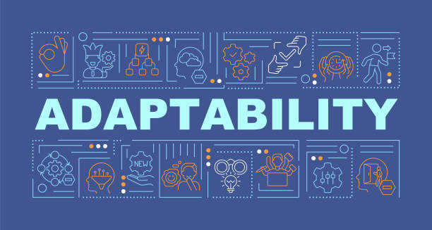 Adaptability word concepts dark blue banner Adaptability word concepts dark blue banner. Ready for changes. Infographics with editable icons on color background. Isolated typography. Vector illustration with text. Arial-Black font used adaptation concept stock illustrations