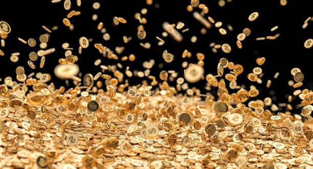 istock rain of gold coins with dollar sign. 1404165481