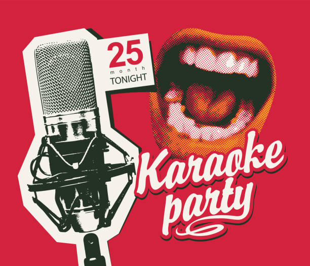 banner for karaoke party with a singing mouth Vector music poster or banner for karaoke party with a singing mouth, a studio microphone and a calligraphic inscription on a red background. Suitable for advertising poster, banner, flyer, invitation clubwear stock illustrations