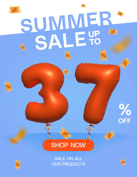 Summer sale up to 37% Orange Helium Balloon 3D Number 37 3d Balloon Summer sale up to 37% off, Banner Shop Now sale on all our products poster, Shopping 3d number 37 percent special offer card, Template coupon discount label design vector illustration. number 37 illustrations stock illustrations