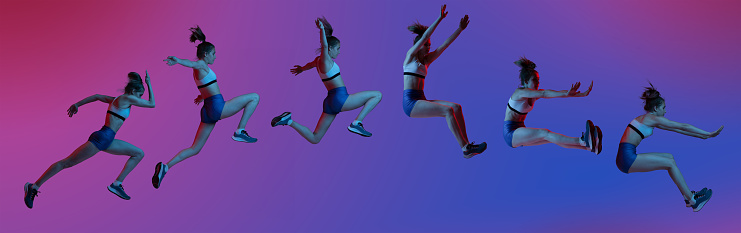 Long jump technique. Collage with sportive girl, professional female athlete in sports uniform jumping over pink-blue background in neon. Concept of sport, action, motion, speed, summer sport games.