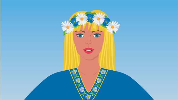 Scandinavian woman portrait with traditional clothing and wreath with flowers. Ready to dance around the Maypole, or in Sweden called midsommarstång or majstång. Celebration at the day called Midsommarafton or midsummer. Vector illustration. Swedish (Sweden) traditional look for women at midsummer. Event celebrating Midsommar (midsummer) or also called Midsommarafton. People dancing around the maypole. The fairy tale say that you can meet your love for life this evening. swedish summer stock illustrations