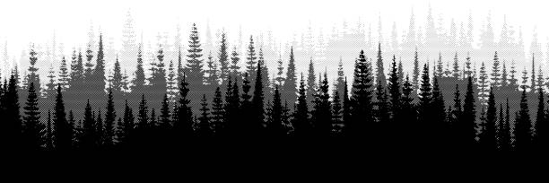 Vector halftone dots background, fading dot effect, imitation of a coniferous forest, banner Vector halftone dots background, fading dot effect, imitation of a coniferous forest, banner, shades of gray dirty wood stock illustrations