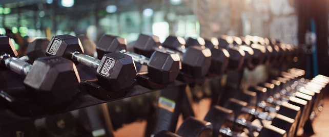 Banner size of Rows of dumbbells in the gym. sports and healthcare concept