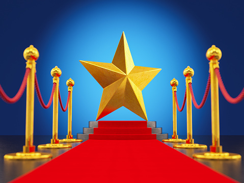 Red Carpet on the Round Podium with Steps and Golden Star. 3D Render