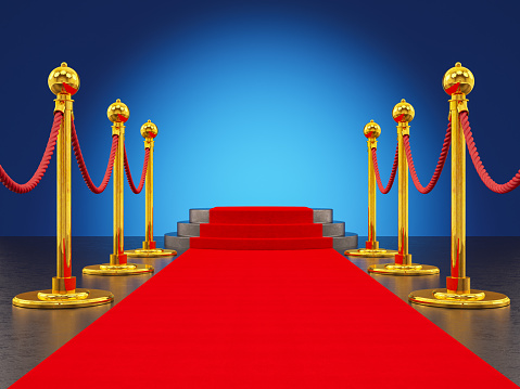 Red Carpet on the Round Podium with Steps. 3D Render