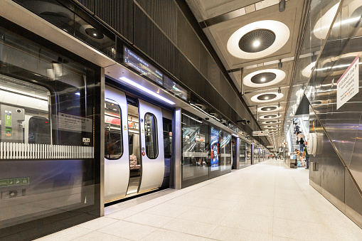 London, UK - 16 June, 2022: modern futuristic architecture on the brand new Elizabeth line at Paddington underground station in London, UK.