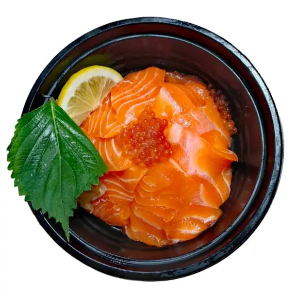 Raw Salmon Donburi with Fish Roe, Lemon and Vegetables