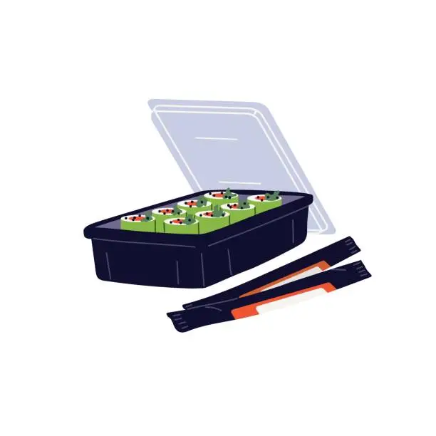 Vector illustration of Japanese sushi rolls box, takeaway container. Asian delivery food with chopsticks. Delivered Japan vegetarian green maki set. Flat vector illustration isolated on white background