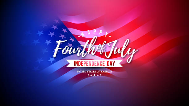 7月4日のアメリカ独立記念日 赤と青の背景にアメリカの国旗とタイポグラフィの文字が描かれたベクターイラスト。バナー、グリーティングカード、招待状または休日のポスターのための7月 - アメリカ独立記念日点のイラスト素材／クリップアート素材／マンガ素材／アイコン素材