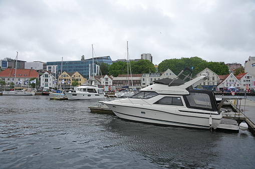 The Norwegian port of Stavanger, Norway, Europe. The harbour and moored boats of Stavanger.