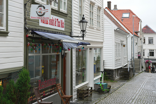 The Norwegian port of Stavanger, Norway, Europe. Deserted streets in the rain.