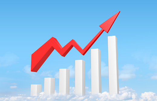 The red arrow is on the white bar. Show economic and financial statistics. 3D, clouds, red, arrows, sky