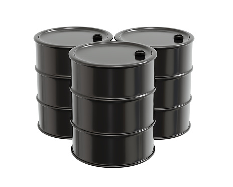 3D Rendering of petroleum oil drum container barrel isolated on white background. 3D Render illustration cartoon style.