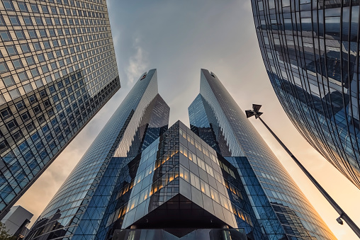 Looking up at the square structure of urban buildings