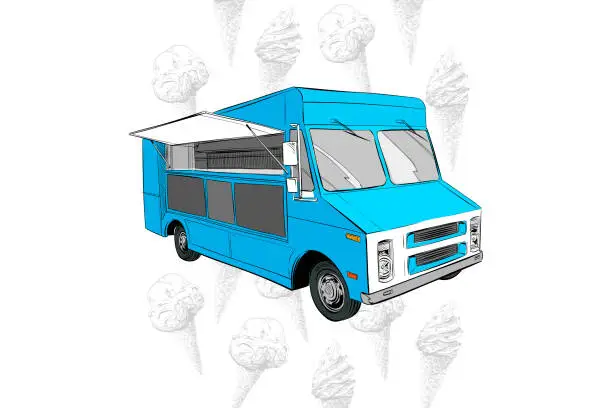 Vector illustration of Ice cream  truck sketch. Street food banner template. Hand drawn vector illustration.