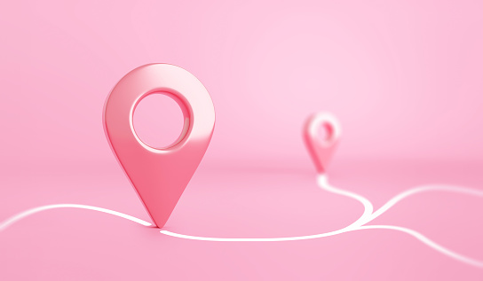 Pink location 3d icon on position place map navigation background with pastel direction pin point symbol or gps destination pointer marker route sign and discovery find road address delivery target.