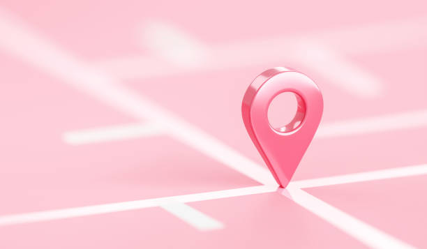 istock Pink location 3d icon on position place map navigation background with pastel direction pin point symbol or gps destination pointer marker route sign and discovery find road address delivery target. 1404178717