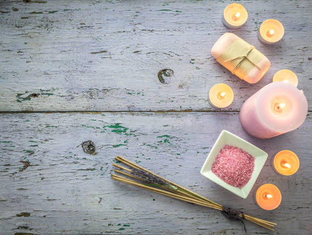 istock aroma candles, lavender smoking sticks, topview, copyspace 1404179994